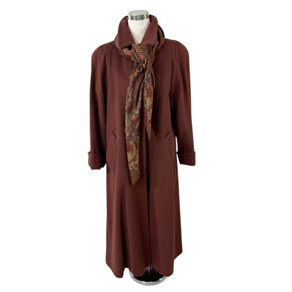 Evan Picone Brown Wool Long Trench Coat & Scarf Size 8 Vintage 1980s Made in USA - Picture 1 of 12